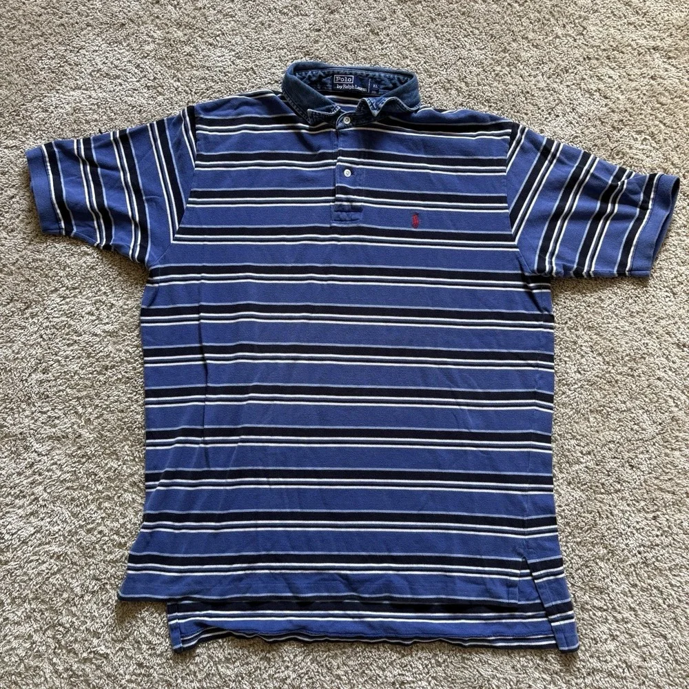 Vintage Polo Ralph Lauren Polo Denim Collar Men's XL Blue Multi Striped‎